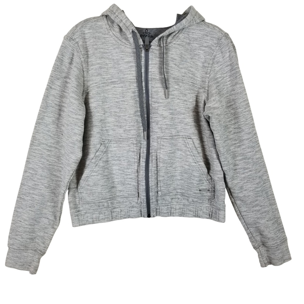 Prana Womens Grey Herringbone Full Zip Hoodie Jacket Size Medium Cotton Blend